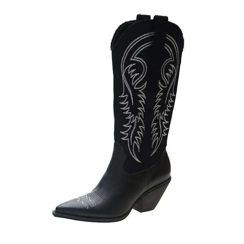 KIMLUD, Fashion Embossed Microfiber Leather Women Boots Pointed Toe Western Cowboy Boots Woman New Knee-High Boots Chunky Wedges Ladies, Black / 35, KIMLUD Womens Clothes