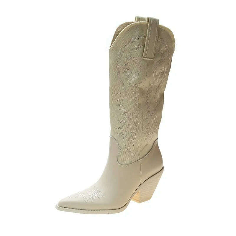 KIMLUD, Fashion Embossed Microfiber Leather Women Boots Pointed Toe Western Cowboy Boots Woman New Knee-High Boots Chunky Wedges Ladies, Beige / 35, KIMLUD Womens Clothes