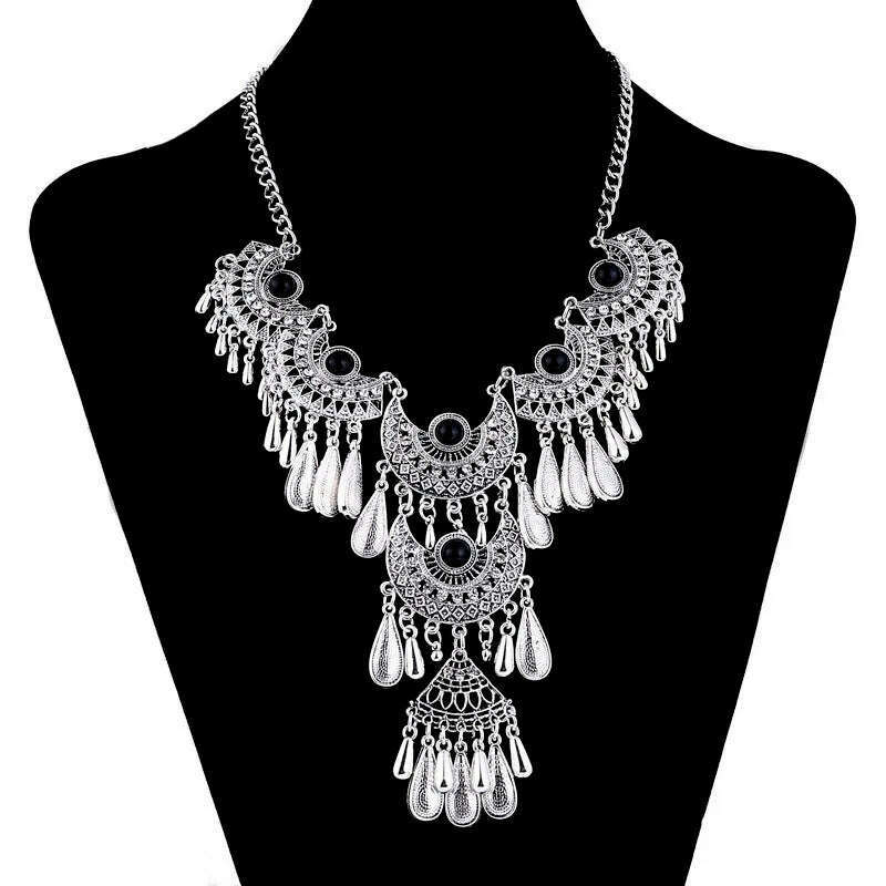 Fashion Ethnic Gypsy Bohemian Choker Necklace For Women Beads Drop Tassel Vintage Big Statement Collier Femme Party Jewelry - KIMLUD