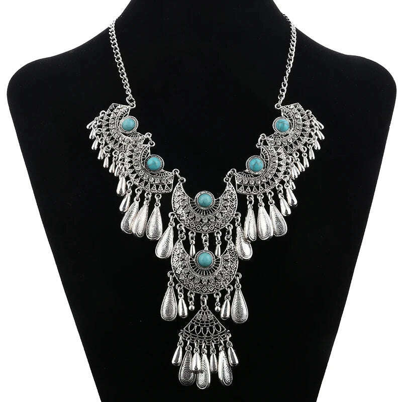 Fashion Ethnic Gypsy Bohemian Choker Necklace For Women Beads Drop Tassel Vintage Big Statement Collier Femme Party Jewelry - KIMLUD