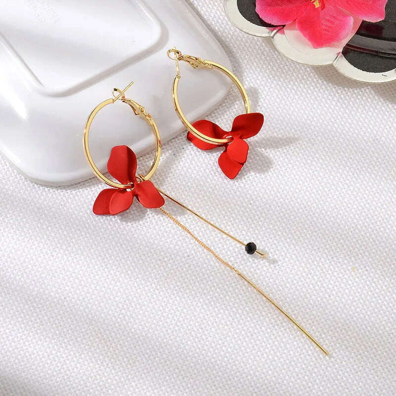 KIMLUD, Fashion Flower Women Dangle Earrings Golden Big Circle Three Color Spray Paint Asymmetrical Earrings Women Drops Earrings Gift, KIMLUD Womens Clothes