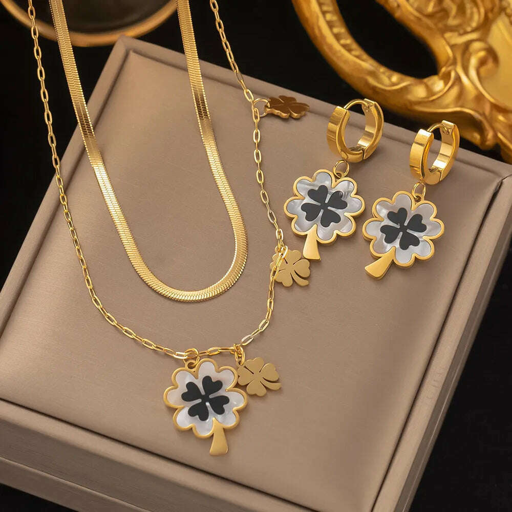 Fashion Four-leaf Clover Stainless Steel Earrings Necklace Set For Women Lucky Turkish Blue Eyes Drop Pendant Daywear Jewelry - KIMLUD