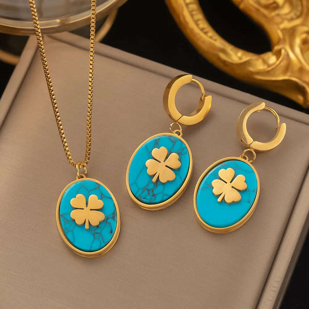KIMLUD, Fashion Four-leaf Clover Stainless Steel Earrings Necklace Set For Women Lucky Turkish Blue Eyes Drop Pendant Daywear Jewelry, S12 Necklace Earring, KIMLUD Women's Clothes