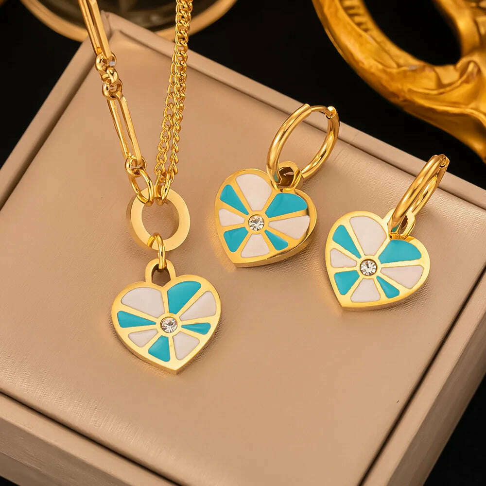 KIMLUD, Fashion Four-leaf Clover Stainless Steel Earrings Necklace Set For Women Lucky Turkish Blue Eyes Drop Pendant Daywear Jewelry, S13 Necklace Earring, KIMLUD Women's Clothes