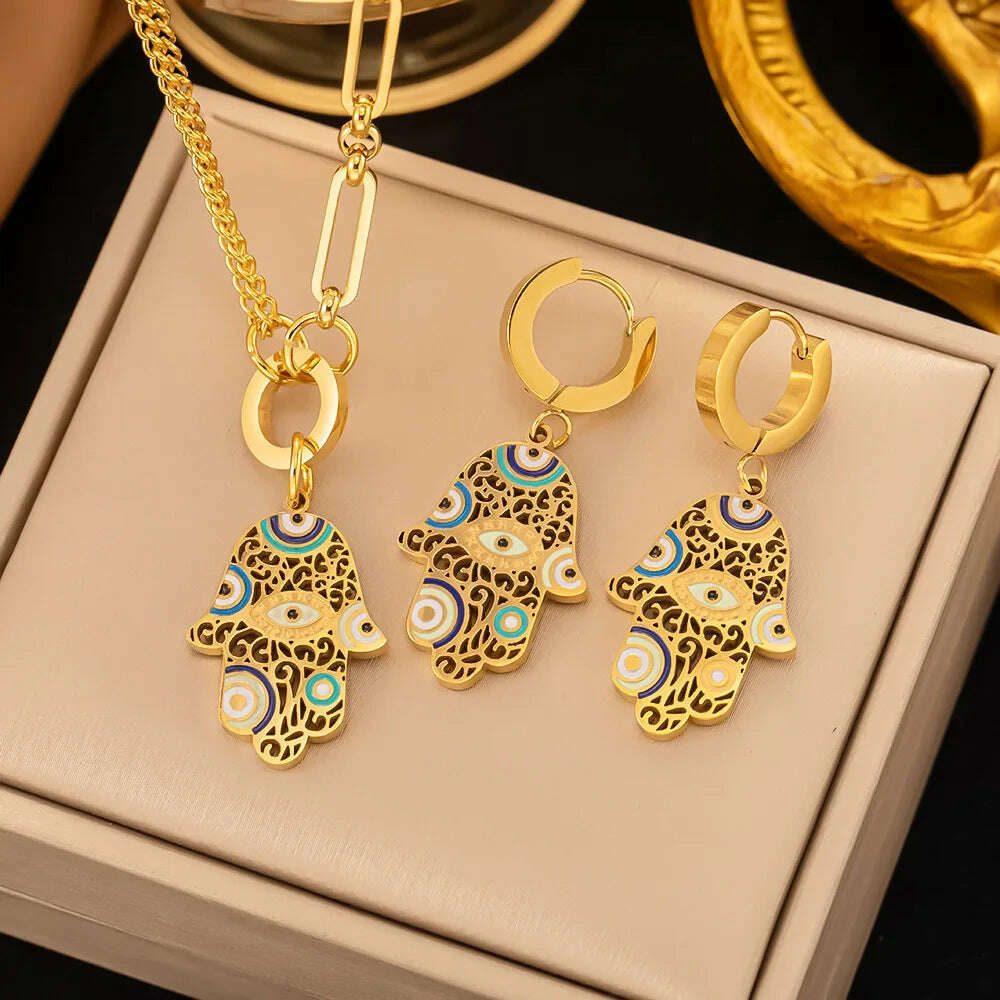 KIMLUD, Fashion Four-leaf Clover Stainless Steel Earrings Necklace Set For Women Lucky Turkish Blue Eyes Drop Pendant Daywear Jewelry, S9 Necklace Earring, KIMLUD Women's Clothes