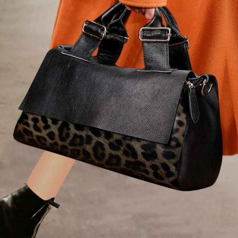 KIMLUD, Fashion Genuine Leather Big Tote Handbags Leopard Pattern Soft Cowhide Travel Tote Ladies Long Strap Shoulder Weekend Bags, KIMLUD Womens Clothes