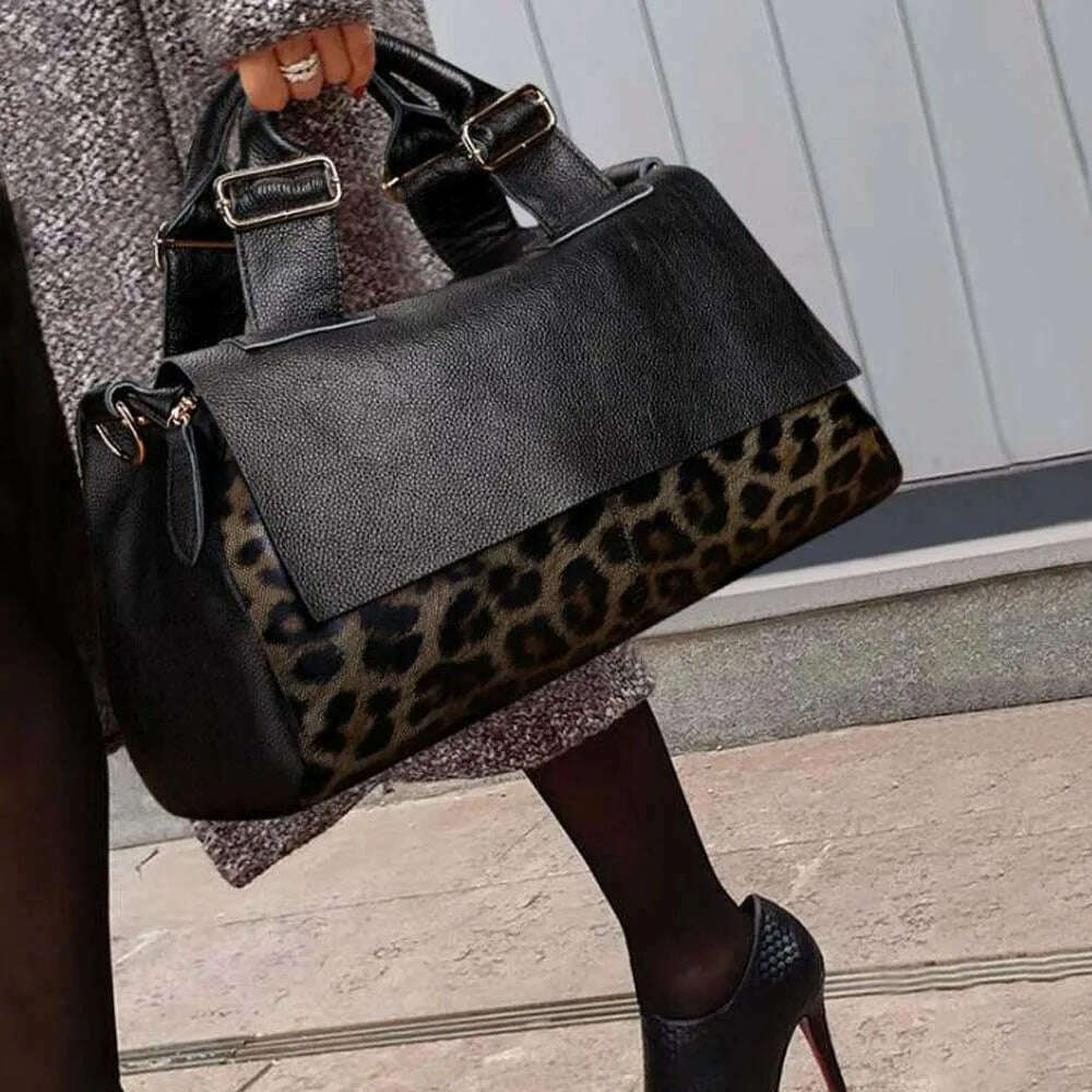 KIMLUD, Fashion Genuine Leather Big Tote Handbags Leopard Pattern Soft Cowhide Travel Tote Ladies Long Strap Shoulder Weekend Bags, Black / (30cm<Max Length<50cm), KIMLUD Women's Clothes