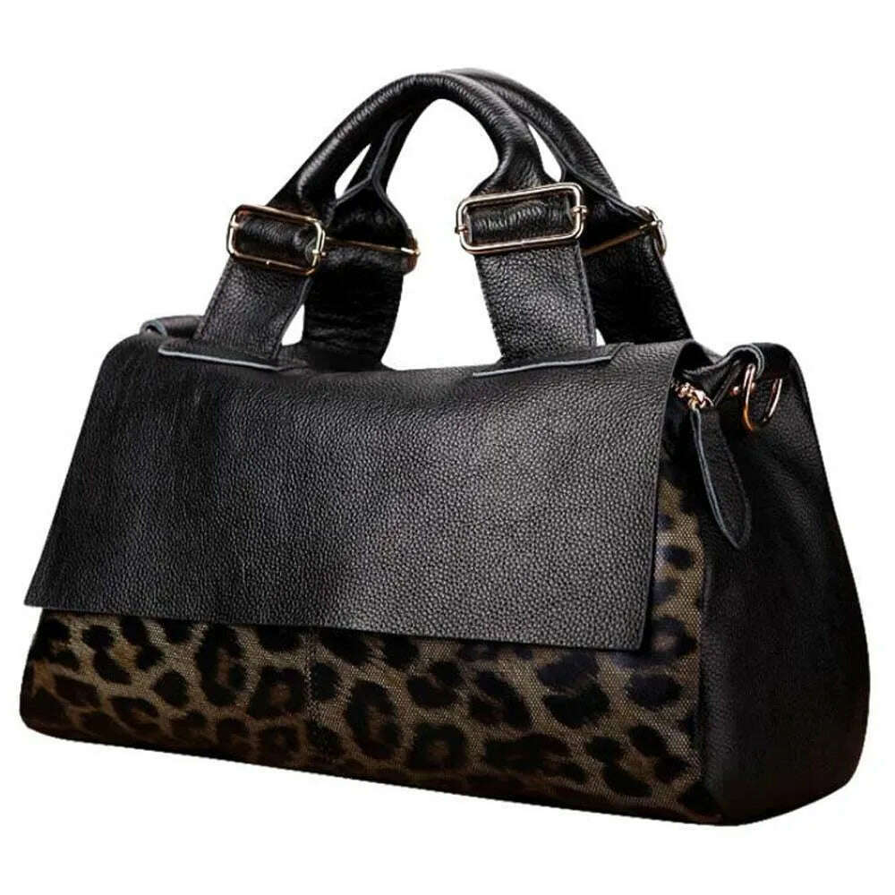 KIMLUD, Fashion Genuine Leather Big Tote Handbags Leopard Pattern Soft Cowhide Travel Tote Ladies Long Strap Shoulder Weekend Bags, KIMLUD Womens Clothes