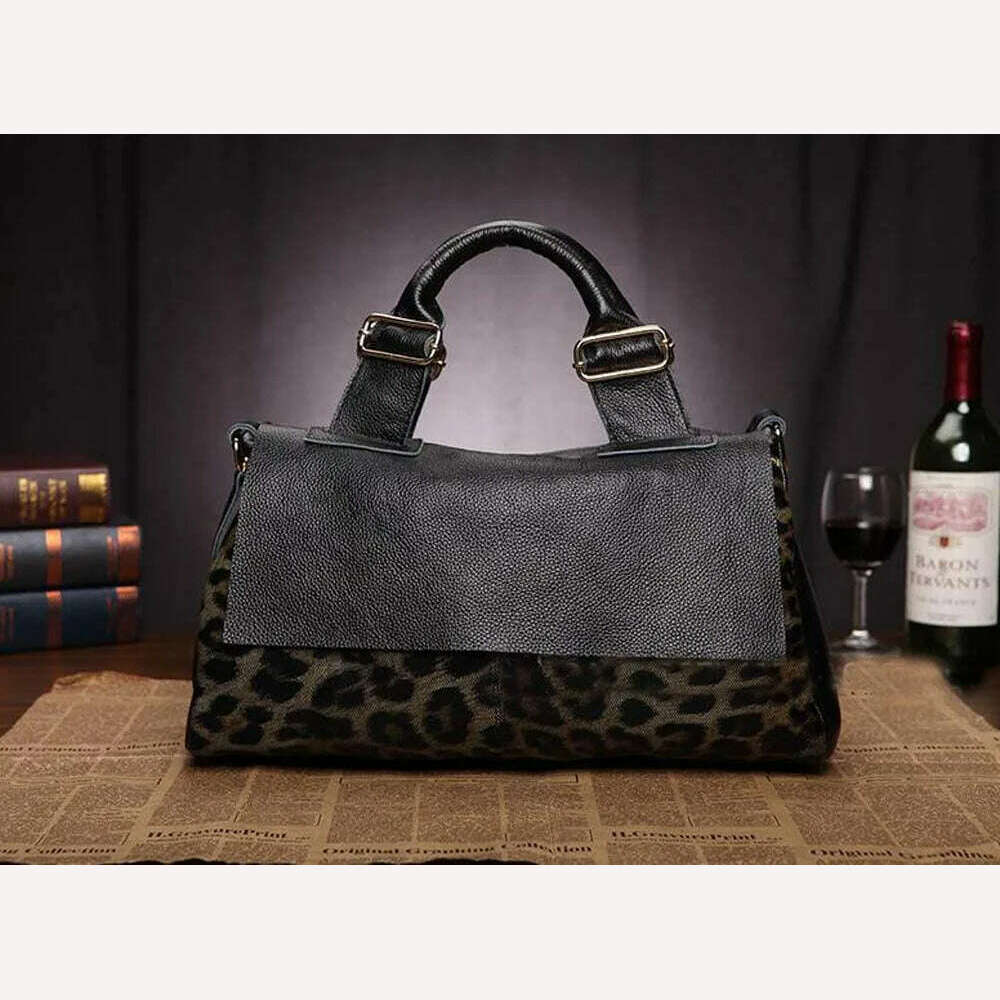 KIMLUD, Fashion Genuine Leather Big Tote Handbags Leopard Pattern Soft Cowhide Travel Tote Ladies Long Strap Shoulder Weekend Bags, KIMLUD Women's Clothes