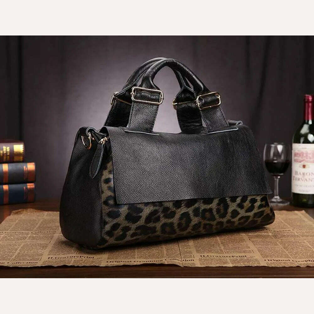KIMLUD, Fashion Genuine Leather Big Tote Handbags Leopard Pattern Soft Cowhide Travel Tote Ladies Long Strap Shoulder Weekend Bags, KIMLUD Womens Clothes