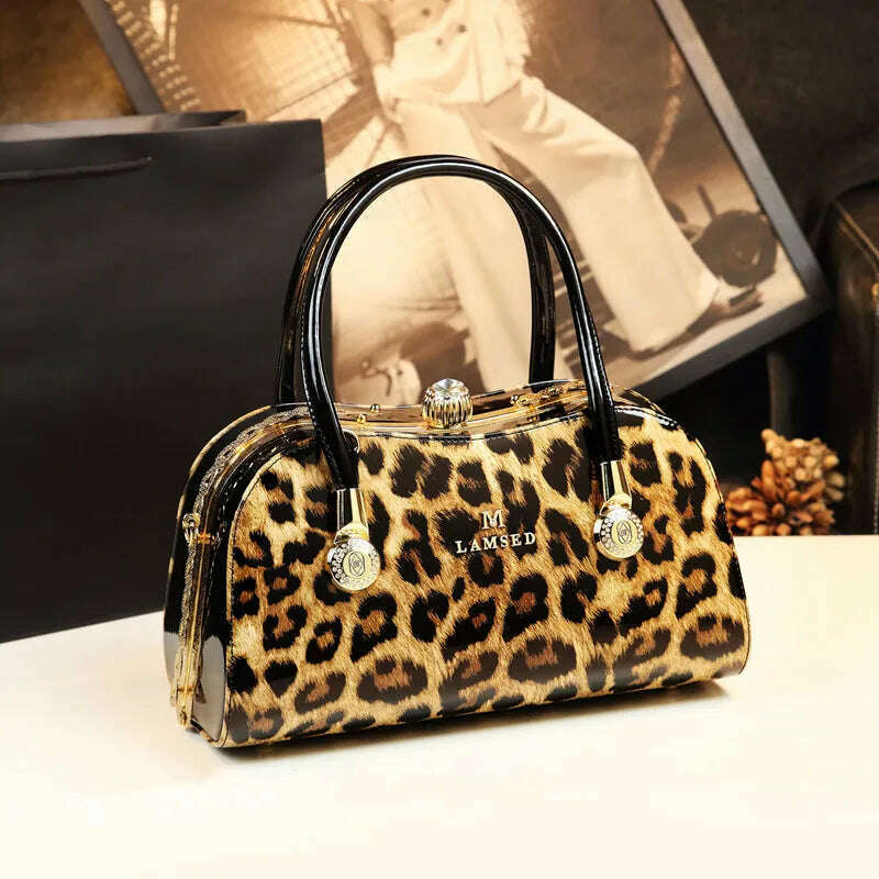 KIMLUD, Fashion Genuine Leather Leopard Women Handbag Cowhide Leather Ladies Portable Party Tote Evening Bag Shoulder Diagonal Bags, KIMLUD Womens Clothes