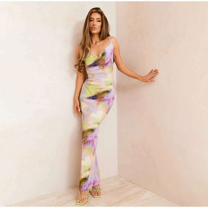 KIMLUD, Fashion Gradient Printed Pleated Strap Dress Woman 2023 Summer Square Collar High Waist Maxi Vestidos Night Party Club Outfits, KIMLUD Women's Clothes