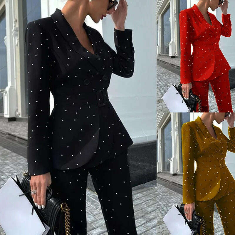 KIMLUD, Fashion Groups Of Pant Blazer And Pants Suit Women's Dot Sets Belt Blazer Jacket Pencil Trousers Chic Party Pantsuit 2 Piece, KIMLUD Womens Clothes
