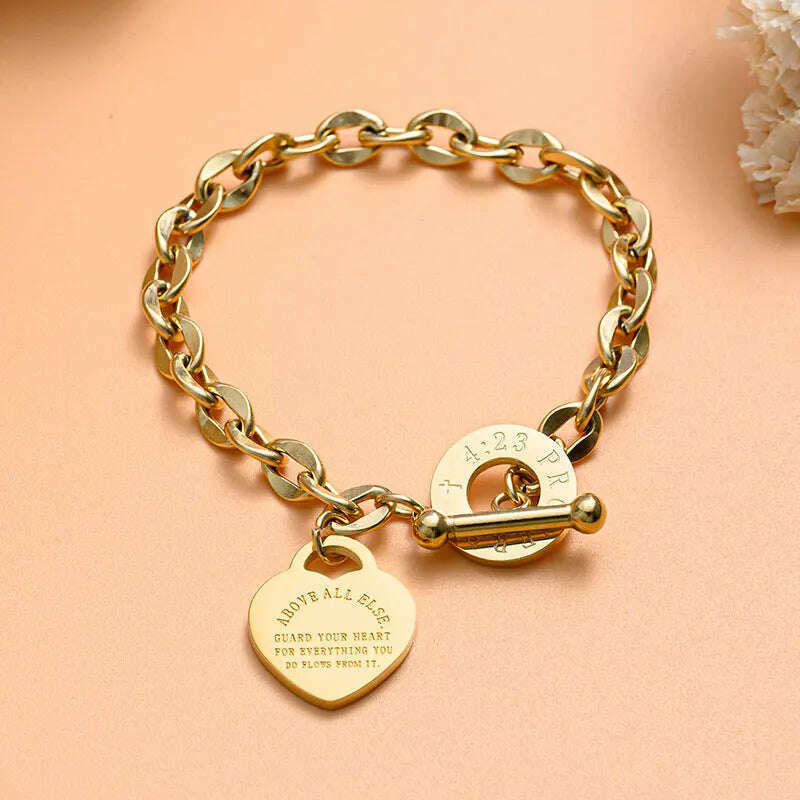 KIMLUD, Fashion Heart Charm Stainless Steel Bracelet For Women Vintage Gold Plating Punk Thick Chain Bracelets on Hand 2021 New Jewelry, KIMLUD Womens Clothes