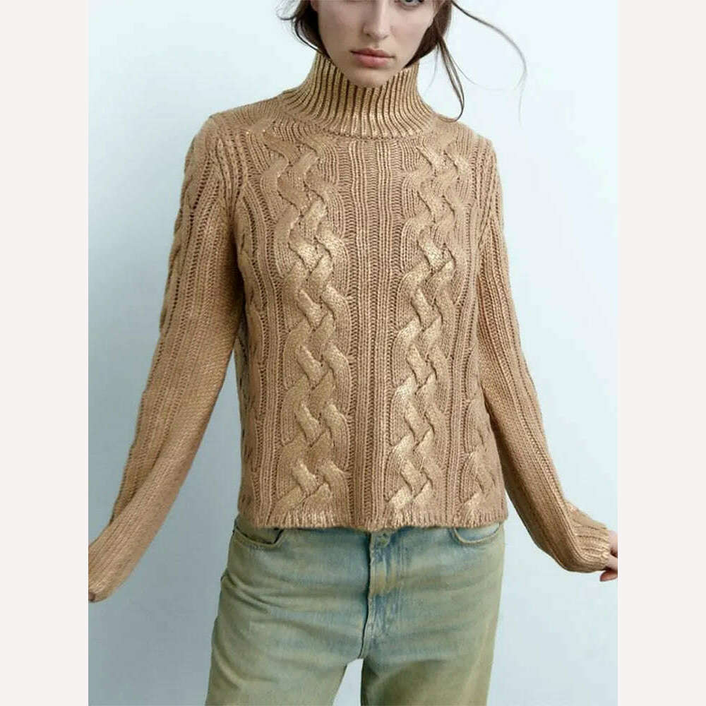 KIMLUD, Fashion High Collar Women's Woven Foil Knit Sweater Casual Long Sleeves Fried Dough Twist Pullover 2023 Winter Lady Chic Jumpers, KIMLUD Womens Clothes