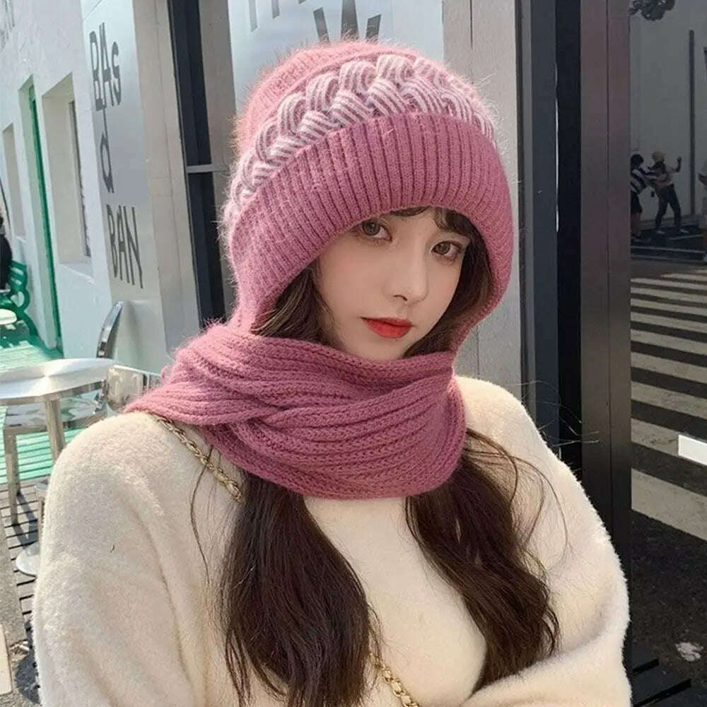 KIMLUD, Fashion Integrated Ear Protection Windproof Cap Scarf Knitting Thickening Hat Winter Warm Beanie Hat Scarf for Women, KIMLUD Women's Clothes