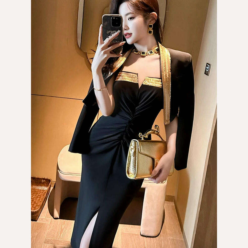 Fashion Ladies Luxury Black Evening Long Dress Women Clothes Chic Sexy Strap Slim Slit Midi Party Prom Robe Femme Mujer Vestidos - KIMLUD