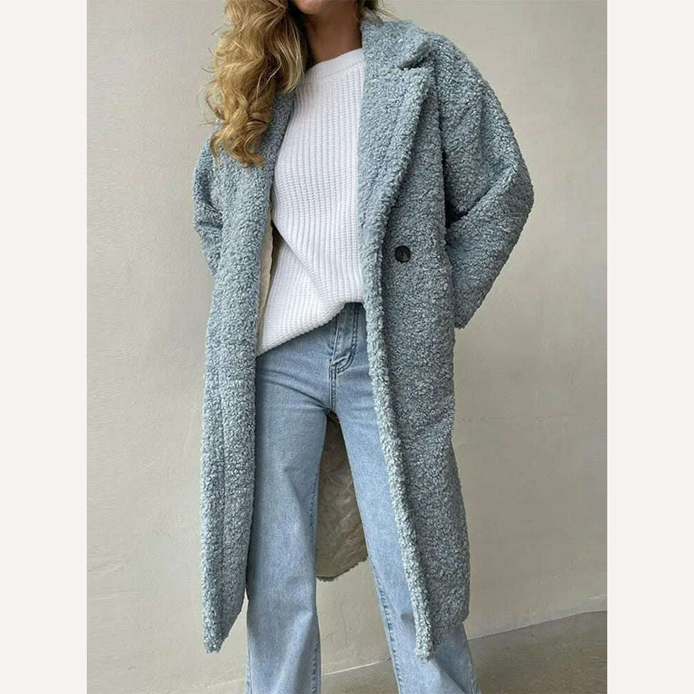 KIMLUD, Fashion Lambswool Long Coat Women Lapel Long Sleeve Pockets Buttons Female Overcoat Autumn Winter Thickening Warm Lady Outwear, KIMLUD Women's Clothes