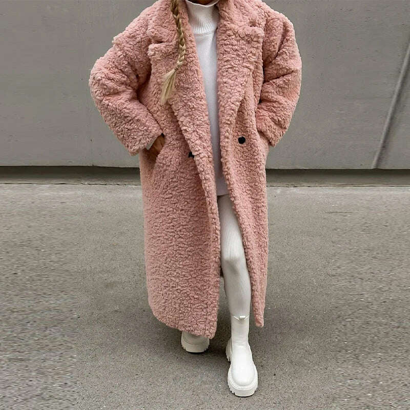 KIMLUD, Fashion Lambswool Long Coat Women Lapel Long Sleeve Pockets Buttons Female Overcoat Autumn Winter Thickening Warm Lady Outwear, Pink / S, KIMLUD Womens Clothes