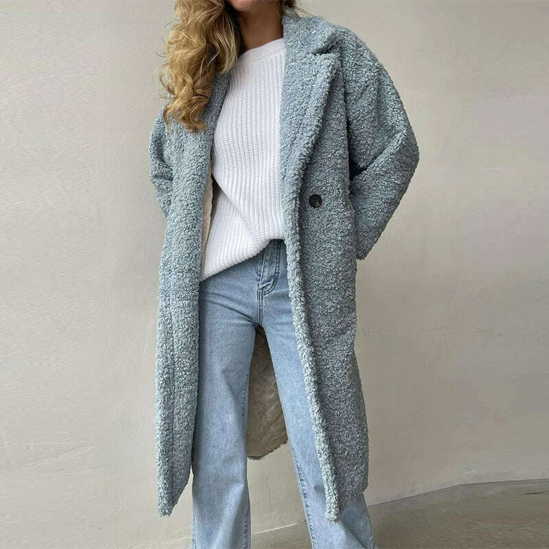 KIMLUD, Fashion Lambswool Long Coat Women Lapel Long Sleeve Pockets Buttons Female Overcoat Autumn Winter Thickening Warm Lady Outwear, Light blue / S, KIMLUD Womens Clothes