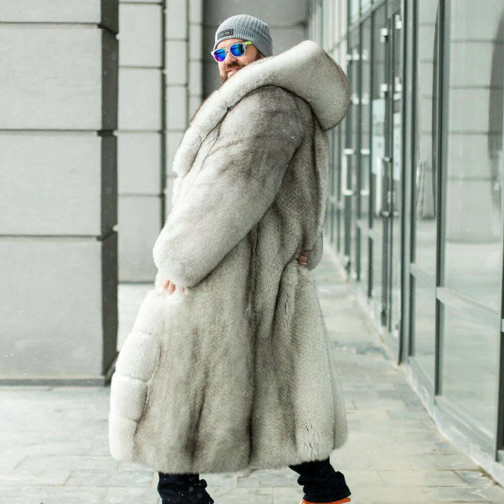KIMLUD, Fashion Long Real Fox Fur Coat with Big Hood Thick Warm Fur Overcoat for Men Outwear 2022 Winter New Genuine Fox Fur Coats Man, KIMLUD Women's Clothes