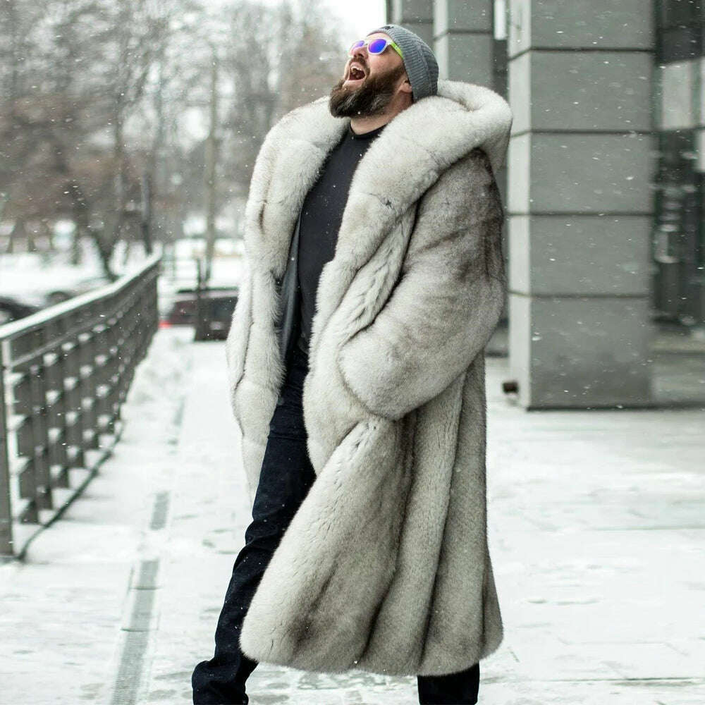 KIMLUD, Fashion Long Real Fox Fur Coat with Big Hood Thick Warm Fur Overcoat for Men Outwear 2022 Winter New Genuine Fox Fur Coats Man, KIMLUD Women's Clothes
