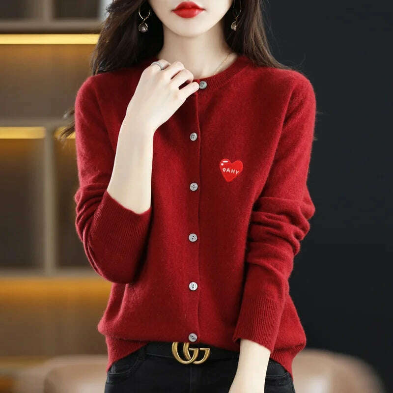 KIMLUD, Fashion Long Sleeve 100% Pure Merino Sweaters Wool Spring Autumn Cashmere Women Knitted O-Neck Top Cardigan Clothing Tops, Cherry red / M, KIMLUD APPAREL - Womens Clothes