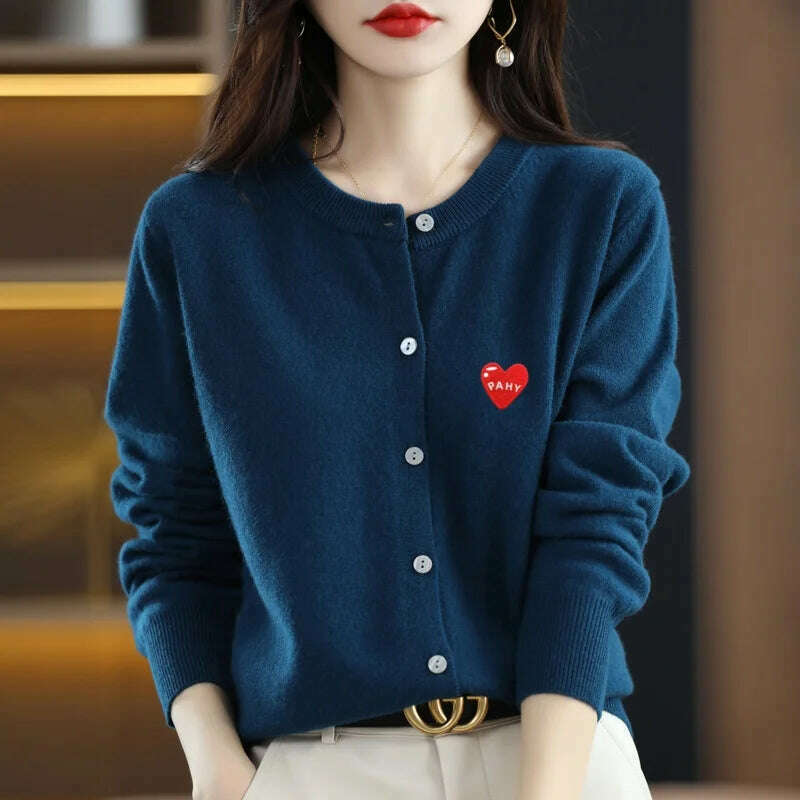 KIMLUD, Fashion Long Sleeve 100% Pure Merino Sweaters Wool Spring Autumn Cashmere Women Knitted O-Neck Top Cardigan Clothing Tops, Algae blue / M, KIMLUD Womens Clothes