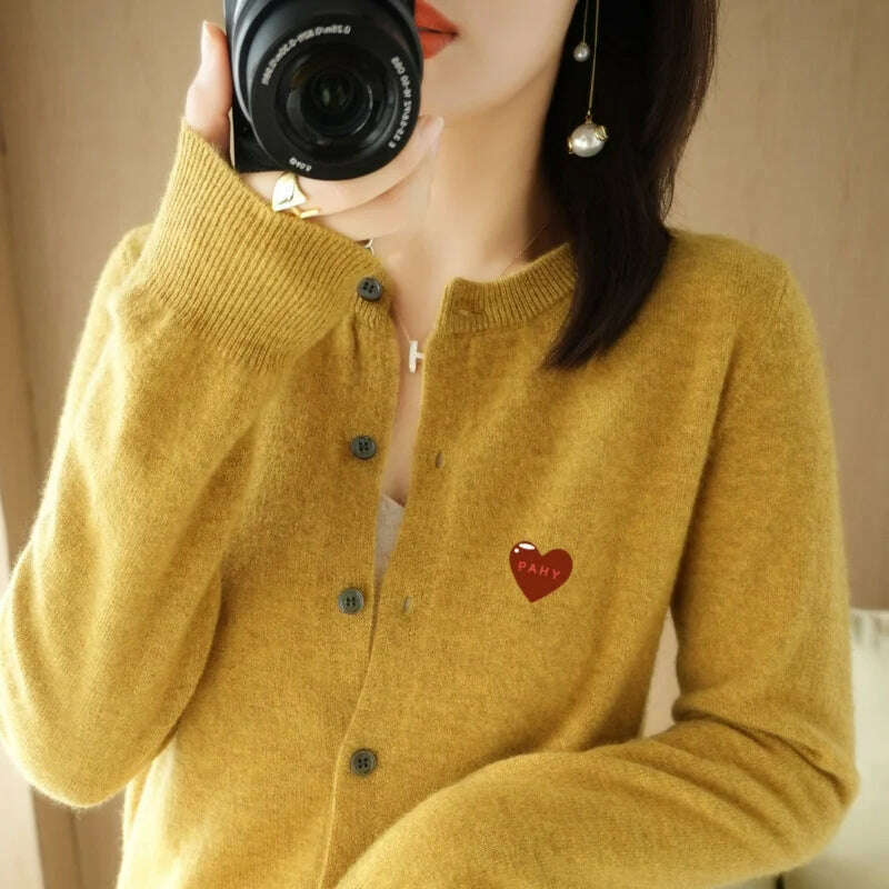 KIMLUD, Fashion Long Sleeve 100% Pure Merino Sweaters Wool Spring Autumn Cashmere Women Knitted O-Neck Top Cardigan Clothing Tops, mustard yellow / XXL, KIMLUD Womens Clothes