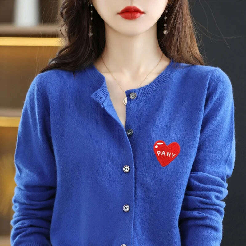 KIMLUD, Fashion Long Sleeve 100% Pure Merino Sweaters Wool Spring Autumn Cashmere Women Knitted O-Neck Top Cardigan Clothing Tops, Klein blue / S, KIMLUD Womens Clothes