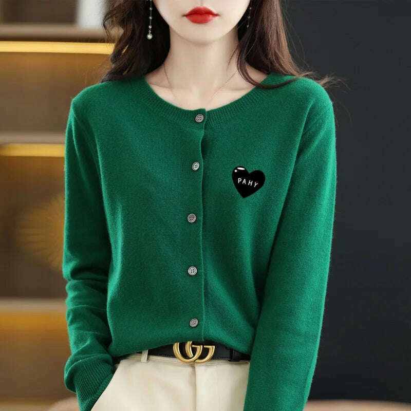 KIMLUD, Fashion Long Sleeve 100% Pure Merino Sweaters Wool Spring Autumn Cashmere Women Knitted O-Neck Top Cardigan Clothing Tops, emerald / XL, KIMLUD Womens Clothes