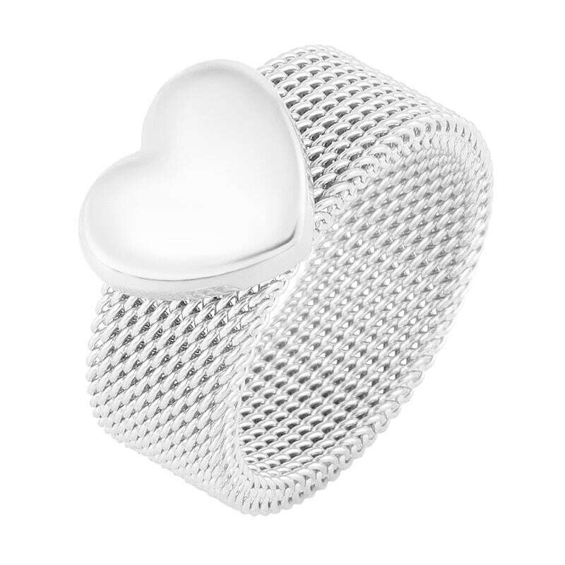 KIMLUD, Fashion Love Heart Mesh Rings Charm Reticulate Shiny Stainless Steel Round OL Finger Ring For Men Women Wedding Party Jewelry, 6 / Silver- Silver, KIMLUD Women's Clothes