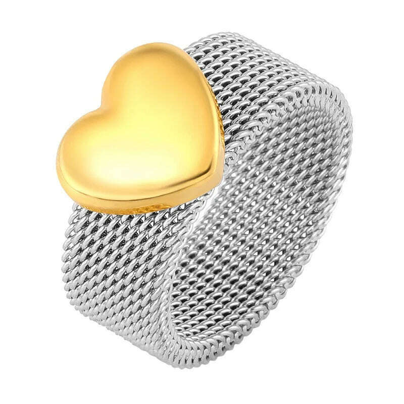 KIMLUD, Fashion Love Heart Mesh Rings Charm Reticulate Shiny Stainless Steel Round OL Finger Ring For Men Women Wedding Party Jewelry, 6 / Silver- Gold, KIMLUD Women's Clothes