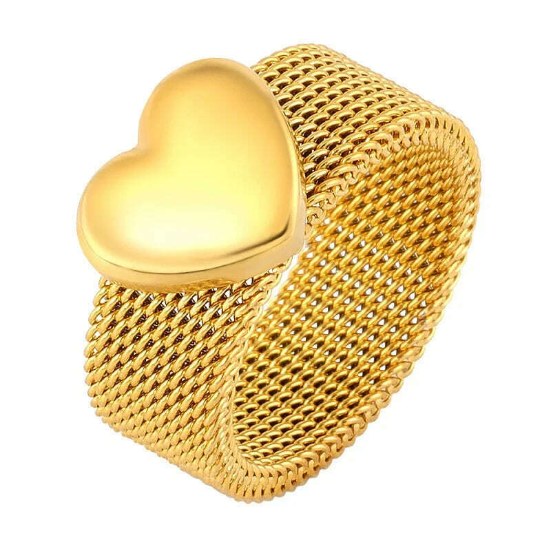 KIMLUD, Fashion Love Heart Mesh Rings Charm Reticulate Shiny Stainless Steel Round OL Finger Ring For Men Women Wedding Party Jewelry, 6 / Gold- Gold, KIMLUD Women's Clothes