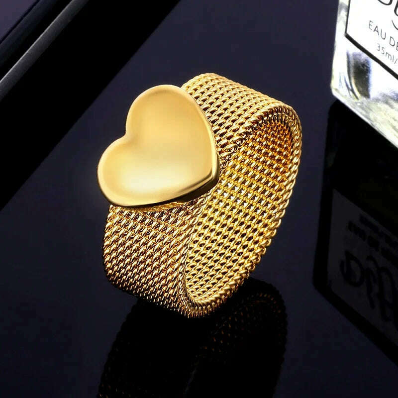 KIMLUD, Fashion Love Heart Mesh Rings Charm Reticulate Shiny Stainless Steel Round OL Finger Ring For Men Women Wedding Party Jewelry, KIMLUD Women's Clothes