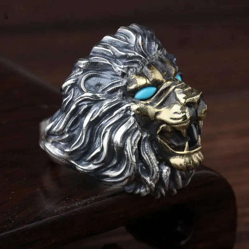 KIMLUD, Fashion Male Domineering Lion Head Retro Personality Punk Motorcycle Riding Rock Jewelry Ring Open Ring, KIMLUD Womens Clothes