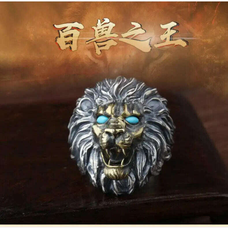 KIMLUD, Fashion Male Domineering Lion Head Retro Personality Punk Motorcycle Riding Rock Jewelry Ring Open Ring, KIMLUD Womens Clothes