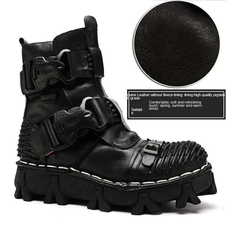 Fashion Men Genuine Leather Motorcycle Boots Winter Riding Boots Military Combat Boots Gothic Skull Punk Buckle Mid-calf Boots - KIMLUD