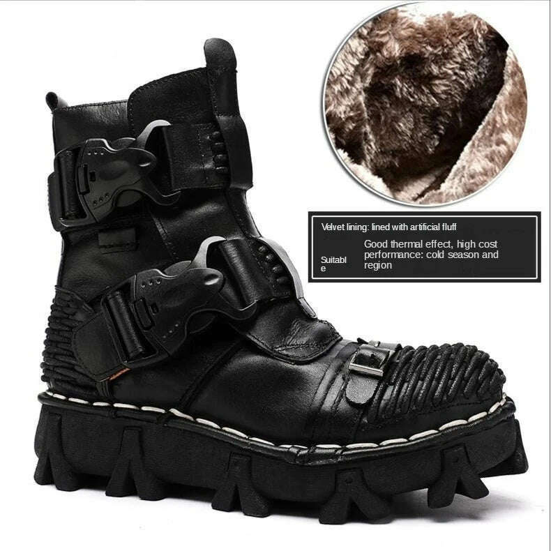 Fashion Men Genuine Leather Motorcycle Boots Winter Riding Boots Military Combat Boots Gothic Skull Punk Buckle Mid-calf Boots - KIMLUD