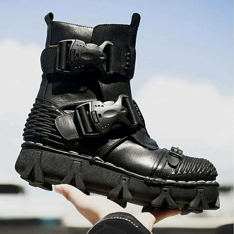 Fashion Men Genuine Leather Motorcycle Boots Winter Riding Boots Military Combat Boots Gothic Skull Punk Buckle Mid-calf Boots - KIMLUD
