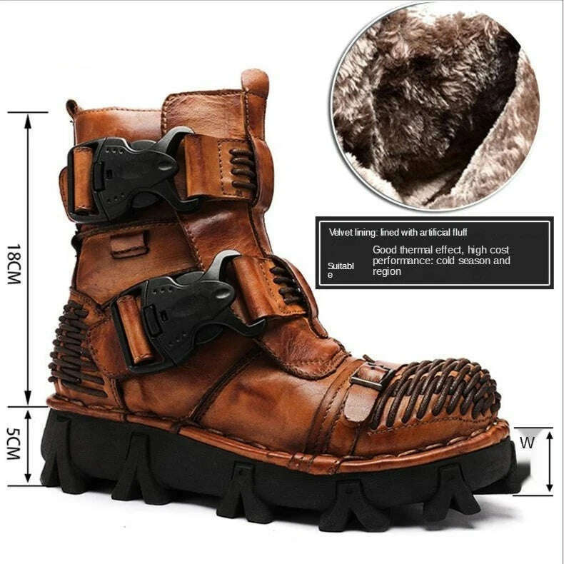 KIMLUD, Fashion Men Genuine Leather Motorcycle Boots Winter Riding Boots Military Combat Boots Gothic Skull Punk Buckle Mid-calf Boots, 8819Brown velvet / 37 / CN, KIMLUD Womens Clothes