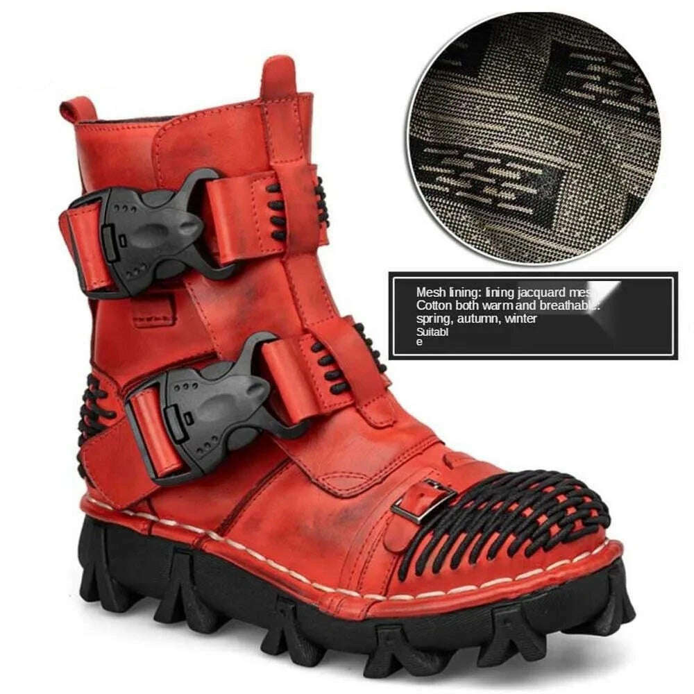 KIMLUD, Fashion Men Genuine Leather Motorcycle Boots Winter Riding Boots Military Combat Boots Gothic Skull Punk Buckle Mid-calf Boots, 8819red / 37 / CN, KIMLUD Womens Clothes