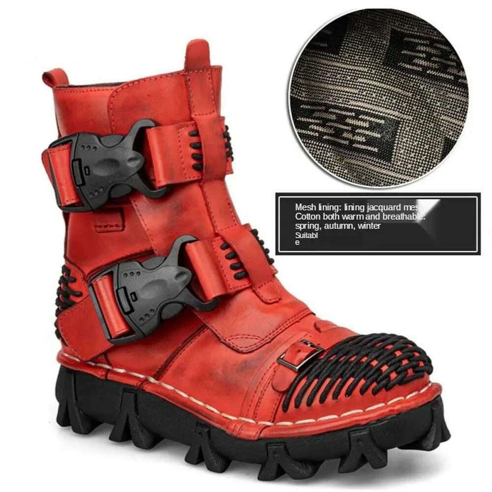 Fashion Men Genuine Leather Motorcycle Boots Winter Riding Boots Military Combat Boots Gothic Skull Punk Buckle Mid-calf Boots - KIMLUD