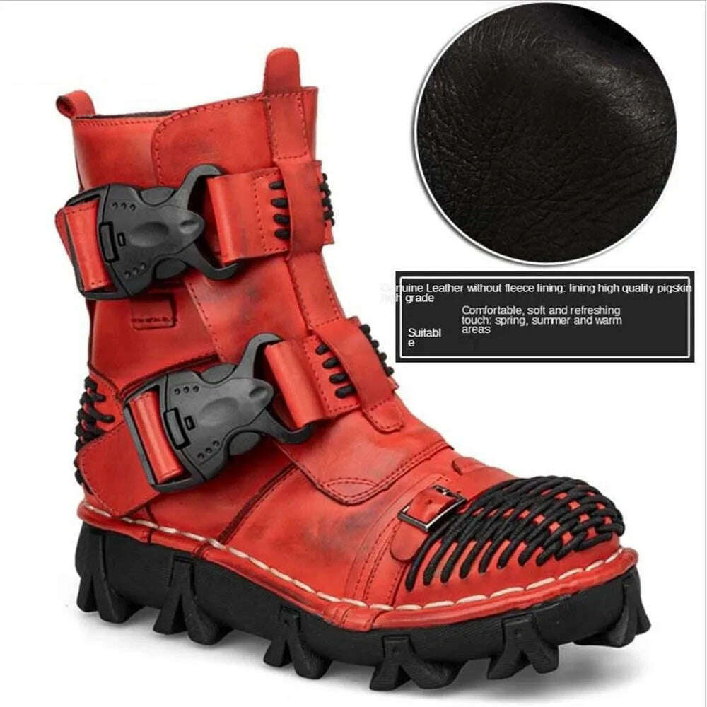 Fashion Men Genuine Leather Motorcycle Boots Winter Riding Boots Military Combat Boots Gothic Skull Punk Buckle Mid-calf Boots - KIMLUD