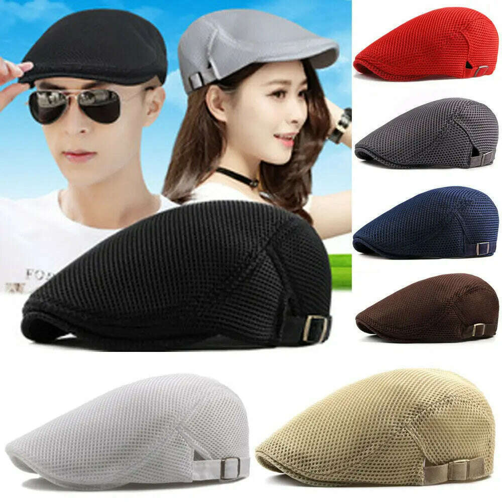 KIMLUD, Fashion  Men Women Flat Cap Mesh Summer Golf Driving Sun Beret Cabbie hat Breathable French Style 7 colors, KIMLUD Womens Clothes