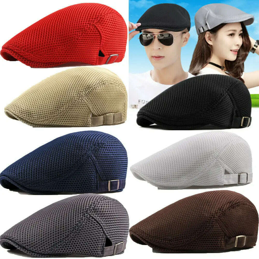 KIMLUD, Fashion  Men Women Flat Cap Mesh Summer Golf Driving Sun Beret Cabbie hat Breathable French Style 7 colors, KIMLUD Womens Clothes