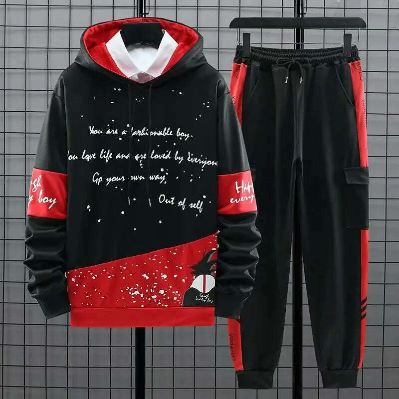 KIMLUD, Fashion Men's Sets Korean Style Trend Pullover Hoodies Men+Casual Harajuku Streetwear Sweatpants Spring Autumn Men Clothing Sets, Red / Asian size S, KIMLUD Women's Clothes