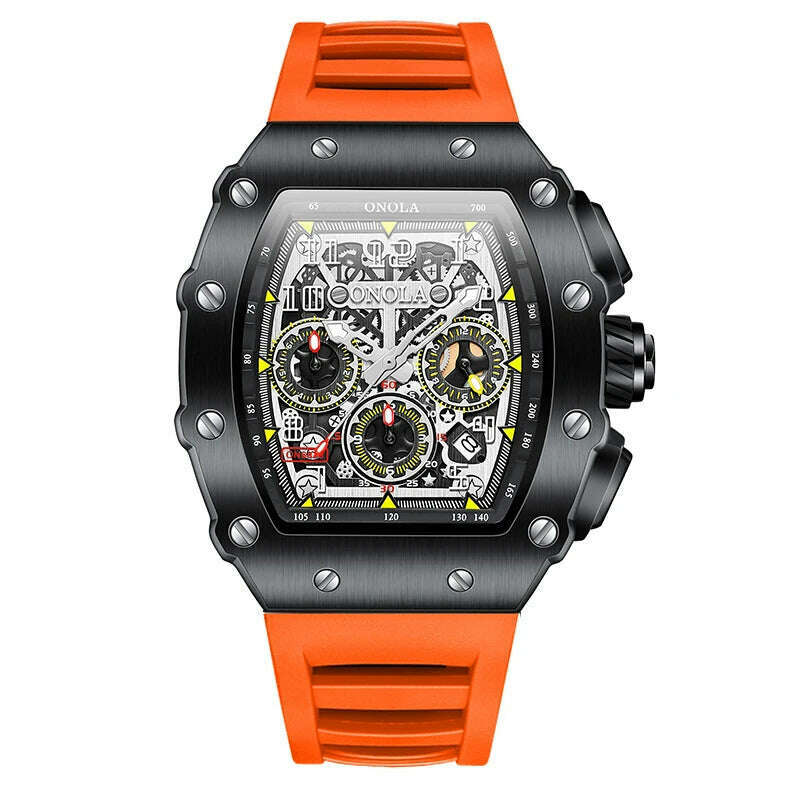 KIMLUD, Fashion Men's Watch ONOLA Unique Design Multi-functional Automatic Mechanical Watches Men's Tape Waterproof Wristwatch, black orange, KIMLUD APPAREL - Womens Clothes