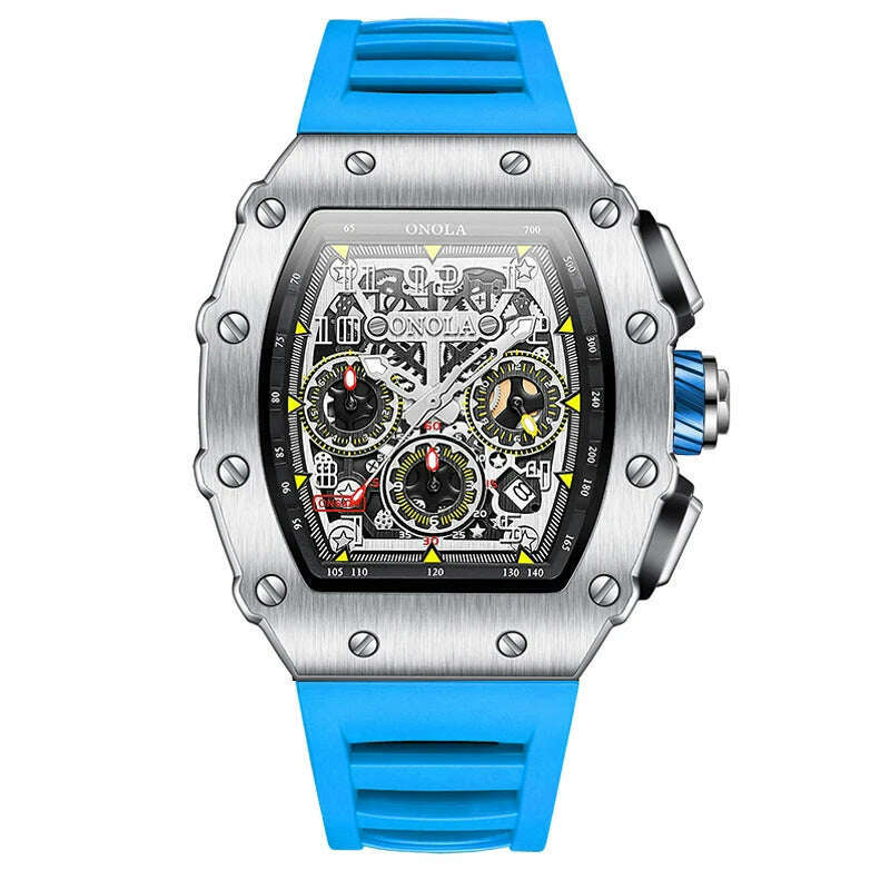 KIMLUD, Fashion Men's Watch ONOLA Unique Design Multi-functional Automatic Mechanical Watches Men's Tape Waterproof Wristwatch, silver blue, KIMLUD APPAREL - Womens Clothes