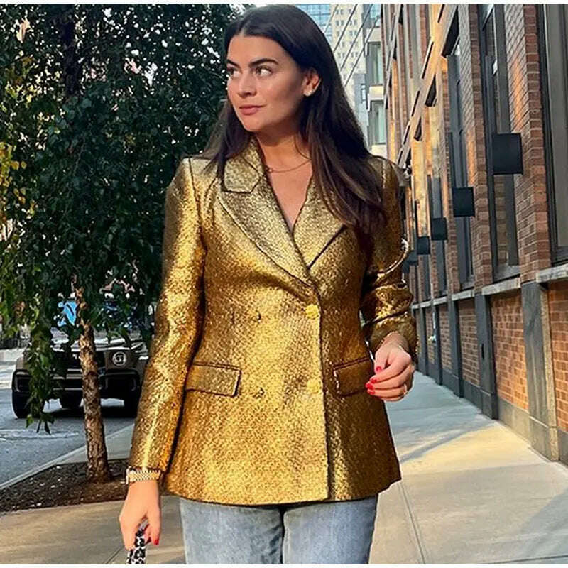 KIMLUD, Fashion Metallic Gold Suit Jacket Women Vintage Single Breasted Long Sleeve Casual Blazer Coat 2023 Office Lady Street Outerwear, KIMLUD Womens Clothes